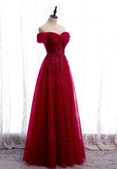 Prom Dress Fabric, Burgundy Lace Long Prom Dresses, A-Line Off the Shoulder Evening Dresses