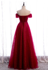 Prom Dresses Boutique, Burgundy Lace Long Prom Dresses, A-Line Off the Shoulder Evening Dresses