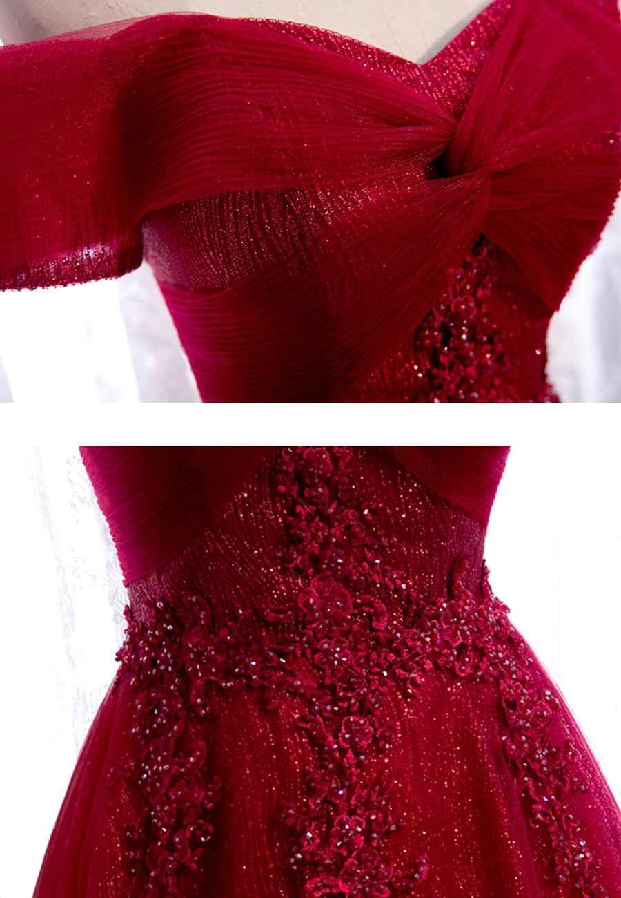 Prom Dress Boutiques, Burgundy Lace Long Prom Dresses, A-Line Off the Shoulder Evening Dresses