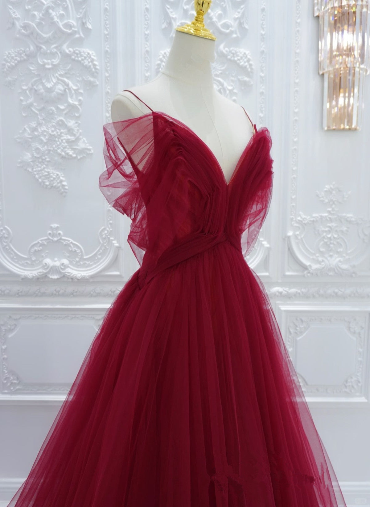 Prom Dresses Emerald Green, Wine Red Tulle V-Neckline Off Shoulder With Bow, Wine Red Tulle Long Prom Dress