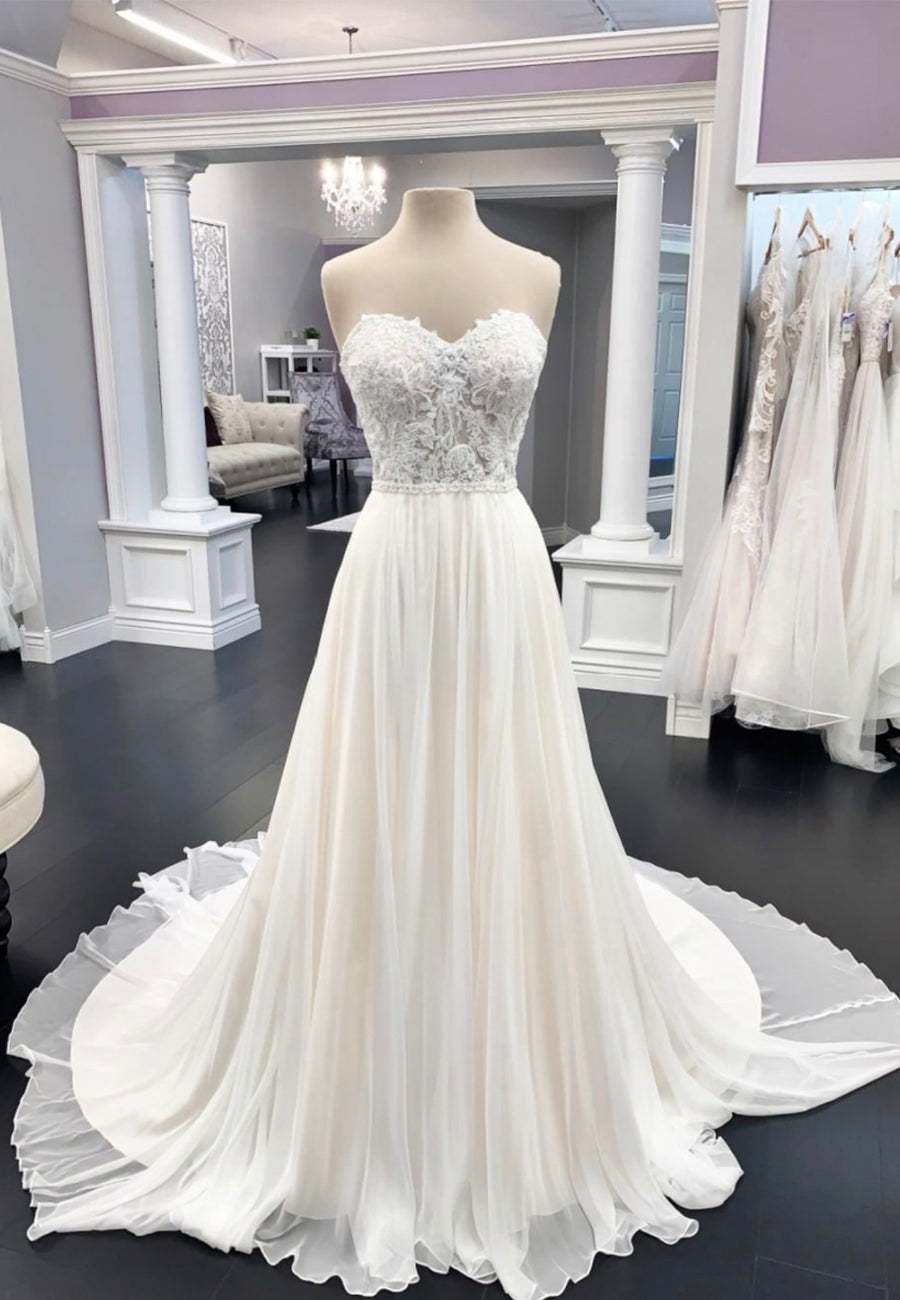 Prom Dress Long Ball Gown, White Strapless Lace Long Prom Dresses, A-Line Formal Evening Dresses