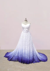 Homecoming Dresses Sweetheart, White and Purple Sweetheart Lace Prom Dress, Ombre Prom Dresses with Flowers