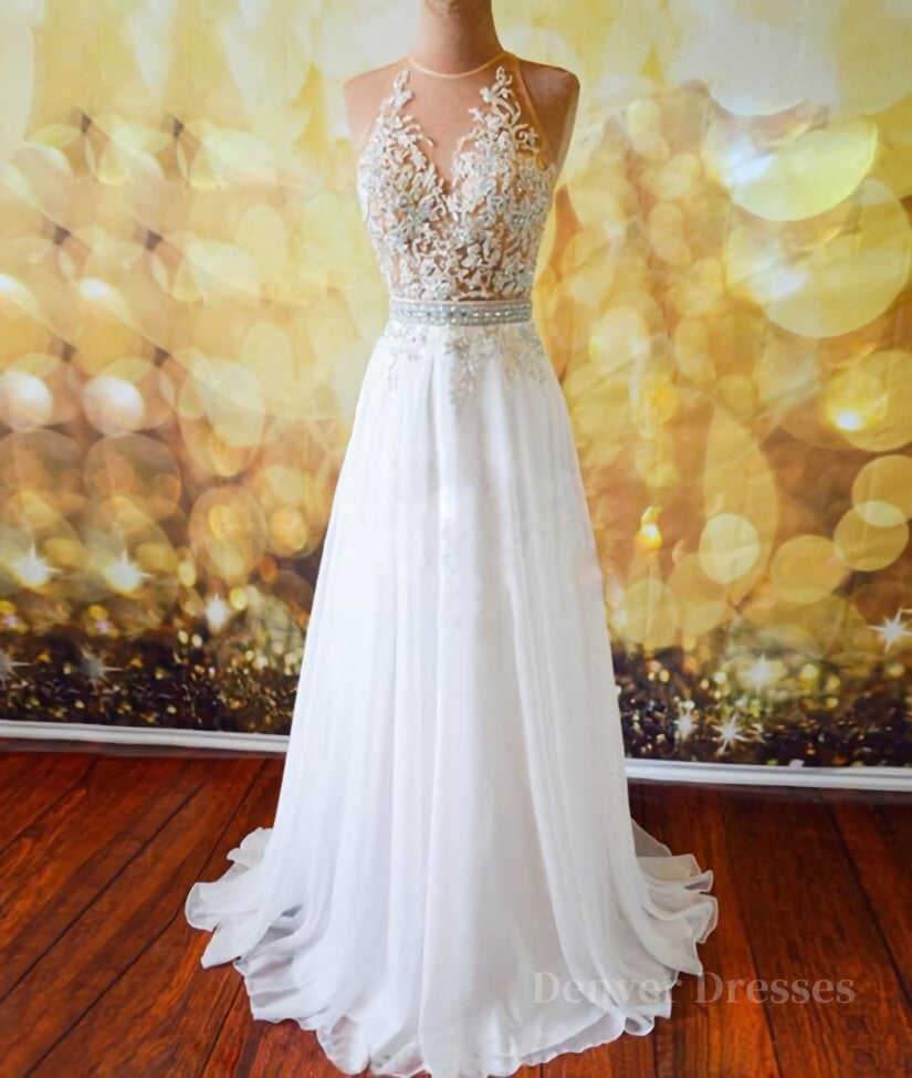 Prom Dressed A Line, White Chiffon Tulle Appliques Lace Sweep Train Sexy Open Back Prom Dresses, Lace Formal Dresses