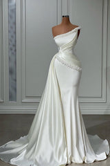 Prom Dresses Two Pieces, White Long Mermaid One Shoulder Satin Beads Formal Prom Dresses