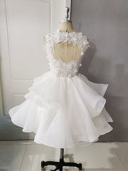 Prom Dresses Size 17, White Round Neck Tulle Lace Short Prom Dress, Puffy White Lace Homecoming Dress