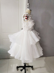 Prom Dress Size 17, White Round Neck Tulle Lace Short Prom Dress, Puffy White Lace Homecoming Dress