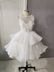 Prom Dresses Sweetheart, White Round Neck Tulle Lace Short Prom Dress, Puffy White Lace Homecoming Dress