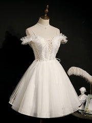 Party Dresses For 16 Year Olds, White Short Prom Dresses, Off Shoulder White Puffy Homecoming Dresses