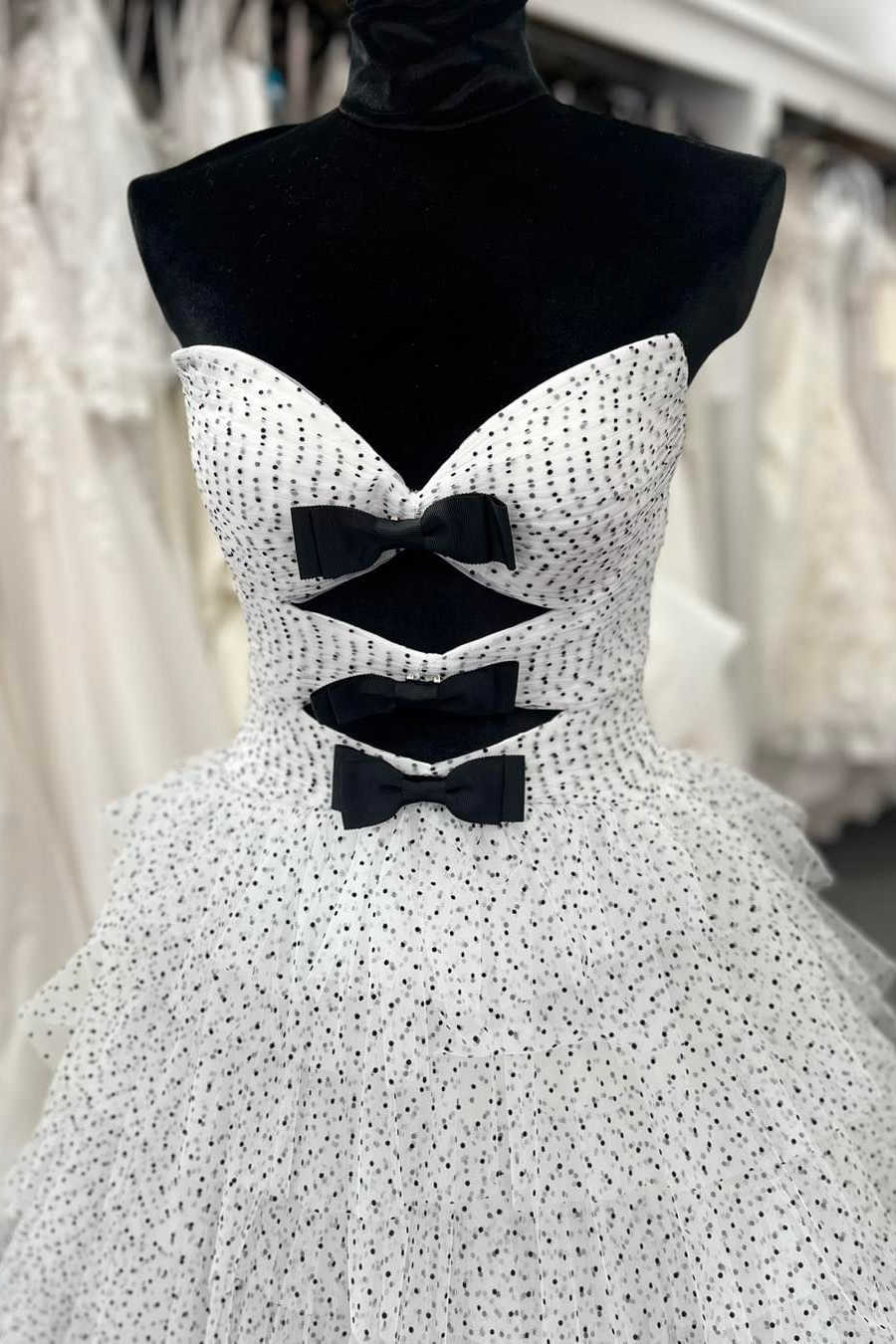 Cute Dress, White Strapless Swiss Dot Layered Long Prom Dress