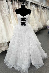 Reception Dress, White Strapless Swiss Dot Layered Long Prom Dress