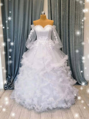 Homecoming Dresses Styles, White sweetheart neck tulle long prom gown, white evening dress