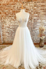 Party Dresses Cocktail, White Tulle Lace Long Prom Dress, A-Line V-Neck Formal Evening Dress
