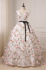 Party Dress Online Shopping, White Tulle Long A-Line Prom Dress, White V-Neck Evening Dress