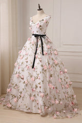 Party Dresses Online Shop, White Tulle Long A-Line Prom Dress, White V-Neck Evening Dress