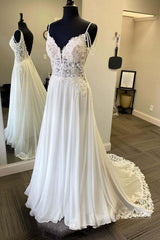 Formal Dresses Cocktail, White v neck chiffon lace long prom dress, white evening dress
