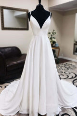 Simple Dress, White v neck chiffon long prom dress, white lace evening dress
