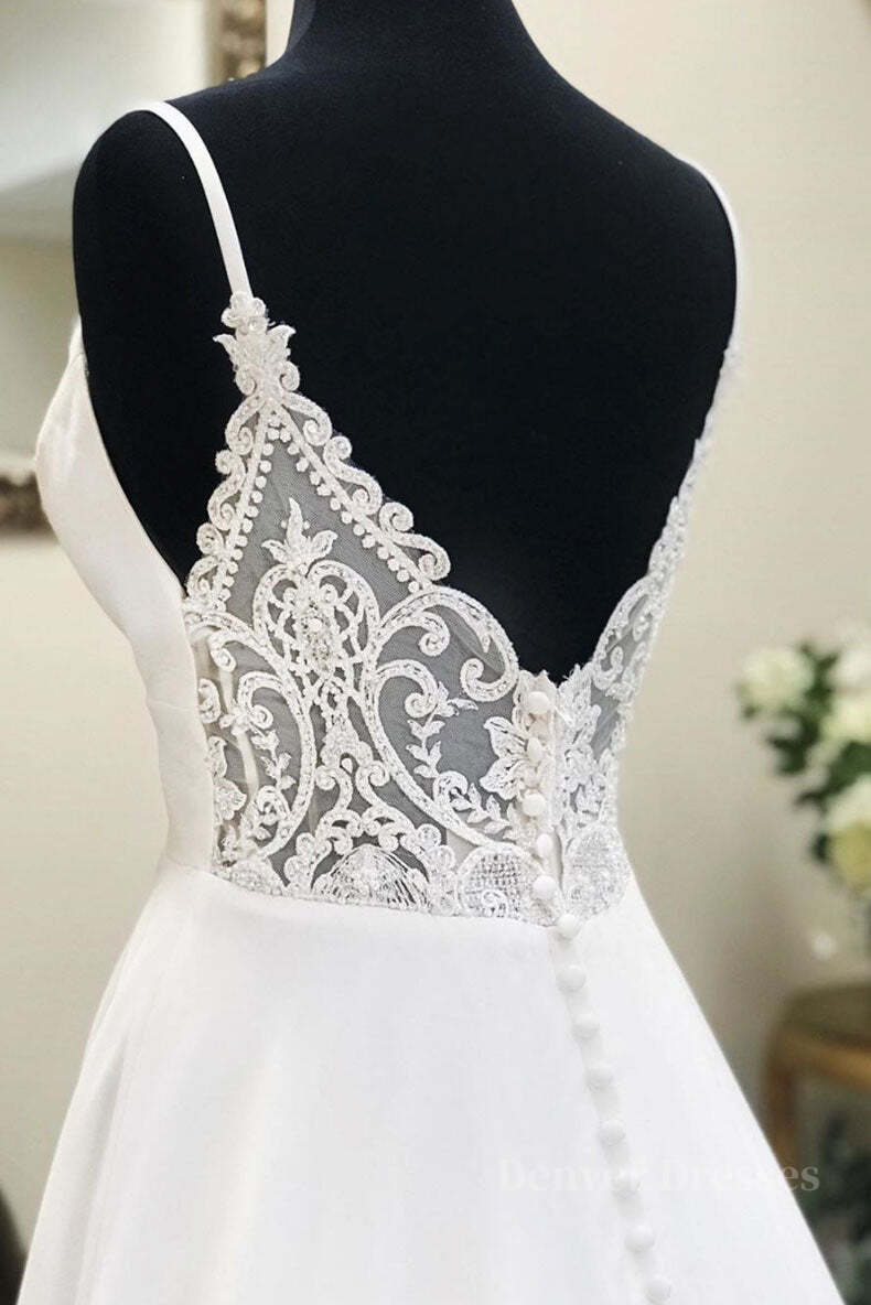 White Prom Dress, White v neck chiffon long prom dress, white lace evening dress