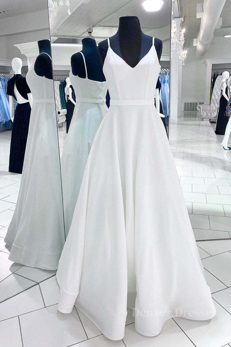 Formal Dresses For Teens, White v neck satin long prom dress white evening dress
