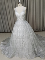 Formal Dress Gown, White V Neck Sequin Tulle Long Prom Dress White Tulle Evening Dress