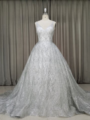 Formal Dresses Lace, White V Neck Sequin Tulle Long Prom Dress White Tulle Evening Dress