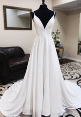 Prom Dresses Fitting, White V-Neck Long Prom Dresses, A-Line Lace Evening Dresses