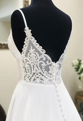 Prom Dress Long Formal Evening Gown, White V-Neck Long Prom Dresses, A-Line Lace Evening Dresses