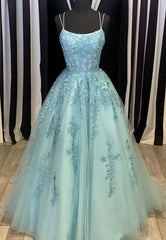 Bridesmaid Dresses In Store, Blue Lace Long Prom Dresses, A-Line Formal Evening Dresses