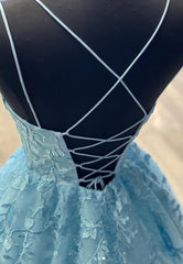 Bridesmaid Dresses Custom, Blue Lace Long Prom Dresses, A-Line Formal Evening Dresses