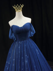 Party Dress Near Me, Beautiful Blue Tulle Floor Length Prom Dress, A-Line Off the Shoulder Princess Dress Evening Dress