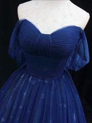 Party Dresses Near Me, Beautiful Blue Tulle Floor Length Prom Dress, A-Line Off the Shoulder Princess Dress Evening Dress