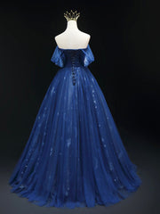 Party Dresses Sales, Beautiful Blue Tulle Floor Length Prom Dress, A-Line Off the Shoulder Princess Dress Evening Dress