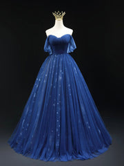Party Dresses Shopping, Beautiful Blue Tulle Floor Length Prom Dress, A-Line Off the Shoulder Princess Dress Evening Dress