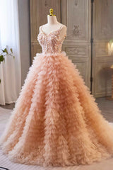 Prom Gown, Beautiful Tulle Layers Long Prom Dresses, A-Line Spaghetti Straps Evening Dresses