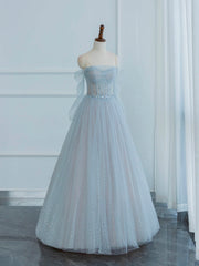 Formal Dress Winter, Dusty Blue Tulle Sequins Long Prom Dress, Off the Shoulder Long Sleeve Evening Party Dress