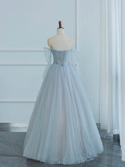 Formal Dresses For Winter, Dusty Blue Tulle Sequins Long Prom Dress, Off the Shoulder Long Sleeve Evening Party Dress