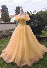 Prom Dress Shorts, Yellow Tulle Long Prom Dresses, A-Line Evening Dresses