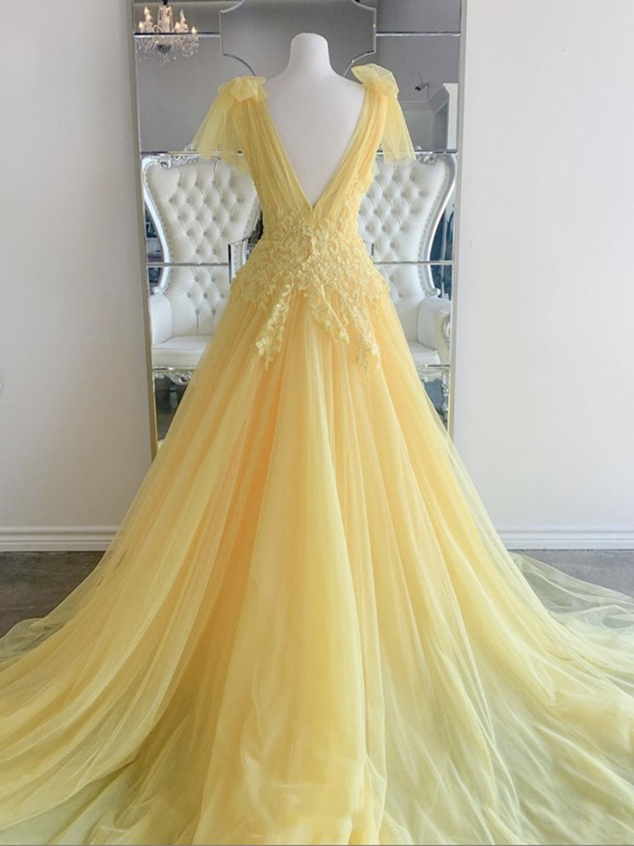 Prom Dresse Two Piece, Yellow Long A-line V Neck Lace Tulle Backless Formal Graduation Prom Dresses