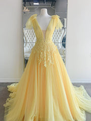 Prom Dress Two Piece, Yellow Long A-line V Neck Lace Tulle Backless Formal Graduation Prom Dresses