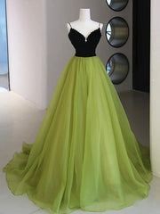 Bridesmaid Dress White, Black Velvet and Green Tulle Long Prom Dress, Green V-Neck Evening Dress
