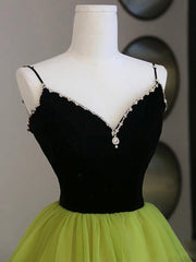 Bridesmaids Dresses White, Black Velvet and Green Tulle Long Prom Dress, Green V-Neck Evening Dress