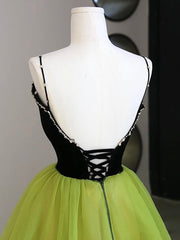 Bridesmaids Dresses Orange, Black Velvet and Green Tulle Long Prom Dress, Green V-Neck Evening Dress