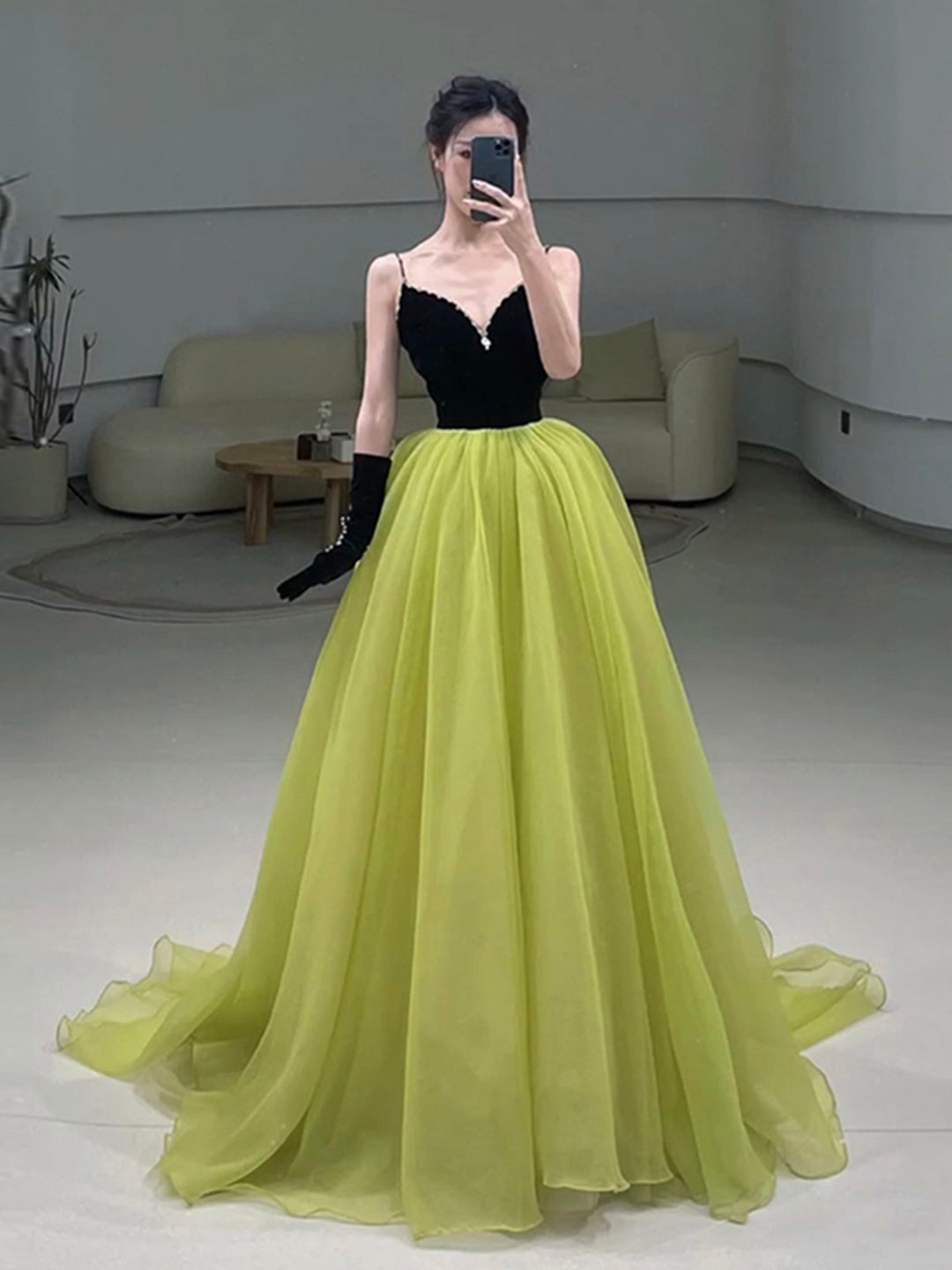Bridesmaid Dress Orange, Black Velvet and Green Tulle Long Prom Dress, Green V-Neck Evening Dress
