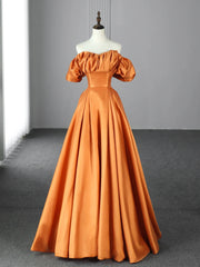 Bridal Shoes, Orange Floor Length Satin Long Prom Dress, Off the Shoulder Evening Party Dress