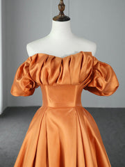 Ball Dress, Orange Floor Length Satin Long Prom Dress, Off the Shoulder Evening Party Dress