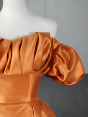 Spring Wedding Color, Orange Floor Length Satin Long Prom Dress, Off the Shoulder Evening Party Dress