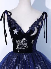 Non Traditional Wedding Dress, Navy Blue Tulle Long Prom Dress, Spaghetti Straps Lace Flower Backless Evening Dress