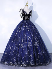 Beauty Dress, Navy Blue Tulle Long Prom Dress, Spaghetti Straps Lace Flower Backless Evening Dress