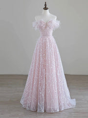 Prom Dresses Light Blue, Sparkling Tulle Sequin Long Prom Dress, Off the Shoulder Pink Evening Party Dress