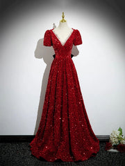 Homecoming Dresses With Sleeves, Burgundy V-Neck Sequins Long Prom Dress, A-Line Evening Party Dress with Bow