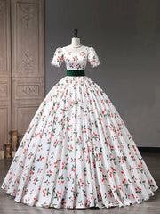 Party Dresses Outfits, Beautiful Cherry Pattern Long Princess Prom Dress, White A-Line Short Sleeve Evening Party Dress